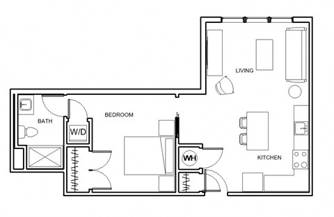 Floor plan for 1 bed, 1 bath, 626 sqft